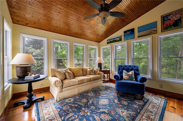1703 Brandywine Ct, Atlanta, GA 30338 - sunroom featuring wooden ceiling, baseboards, wood finished floors, and high vaulted ceiling