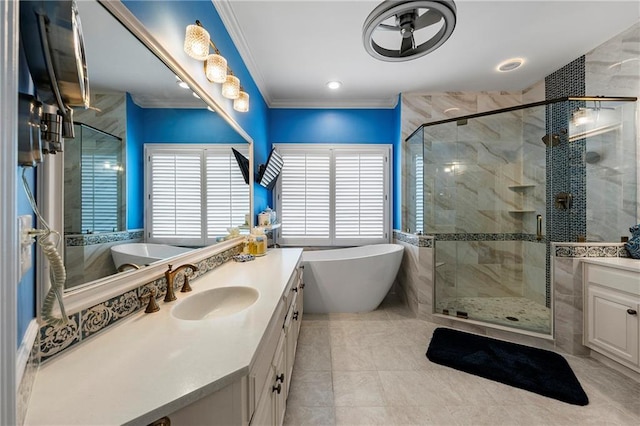 1703 Brandywine Ct, Atlanta, GA 30338 - full bath featuring vanity, a stall shower, crown molding, and a freestanding tub
