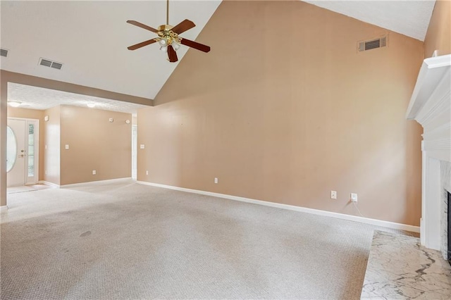 605 Pebble Blvd, Covington, GA 30016 - unfurnished living room featuring high vaulted ceiling, a ceiling fan, a fireplace with flush hearth, and baseboards