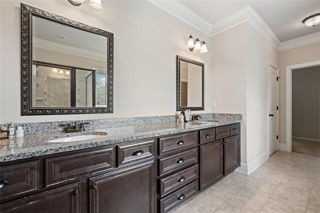 161 Archstone Sq, Mcdonough, GA 30253 - bathroom featuring ornamental molding, a shower stall, double vanity, tile patterned floors, and baseboards