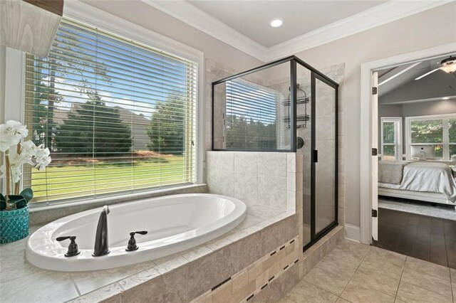 161 Archstone Sq, Mcdonough, GA 30253 - ensuite bathroom with a shower stall, ornamental molding, a bath, healthy amount of natural light, and tile patterned flooring