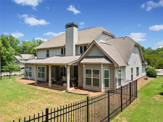 161 Archstone Sq, Mcdonough, GA 30253 - back of property featuring roof with shingles, an outdoor living space, a chimney, and a patio