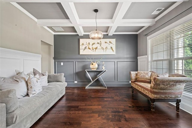 161 Archstone Sq, Mcdonough, GA 30253 - living room with beam ceiling, a decorative wall, a chandelier, hardwood / wood-style floors, and coffered ceiling