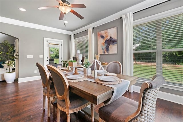 161 Archstone Sq, Mcdonough, GA 30253 - dining space with crown molding, a ceiling fan, baseboards, dark wood-style flooring, and recessed lighting