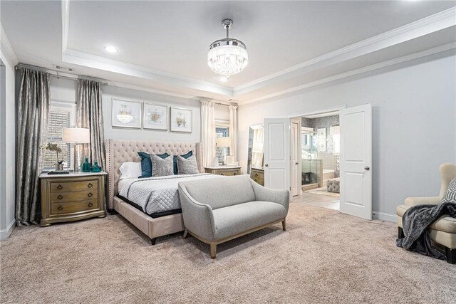 bedroom with a raised ceiling, light colored carpet, and crown molding