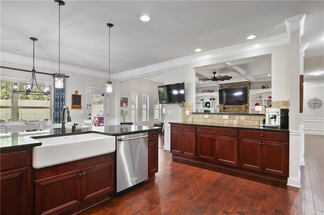 kitchen featuring stainless steel dishwasher, dark brown cabinets, a sink, crown molding, and a ceiling fan