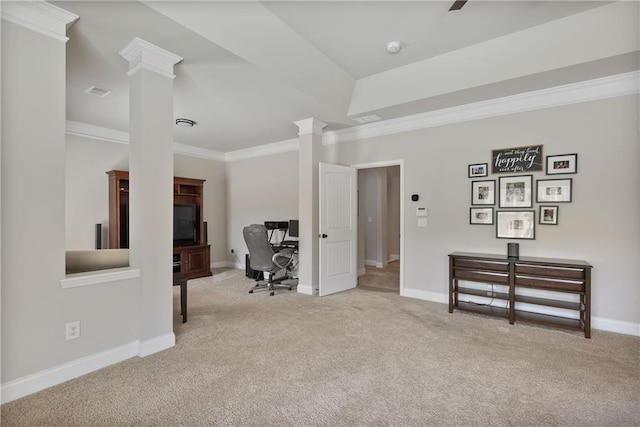office space with ornate columns, carpet flooring, crown molding, and baseboards