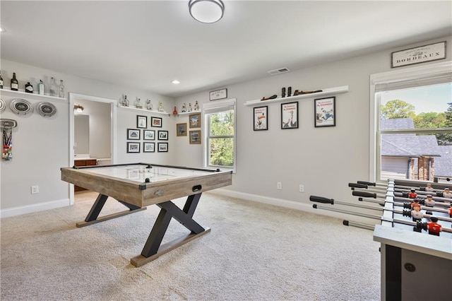 recreation room with carpet floors, baseboards, and recessed lighting