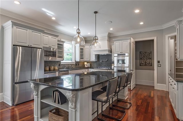 3680 Milton Park Dr, Alpharetta, GA 30022 - kitchen featuring appliances with stainless steel finishes, open shelves, decorative backsplash, dark wood-style flooring, and crown molding