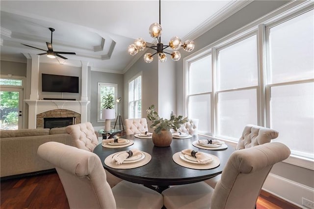 3680 Milton Park Dr, Alpharetta, GA 30022 - dining room with a fireplace, healthy amount of natural light, dark wood-style floors, and crown molding