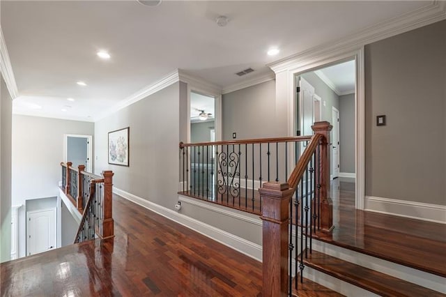 3680 Milton Park Dr, Alpharetta, GA 30022 - corridor featuring an upstairs landing, wood finished floors, crown molding, baseboards, and recessed lighting