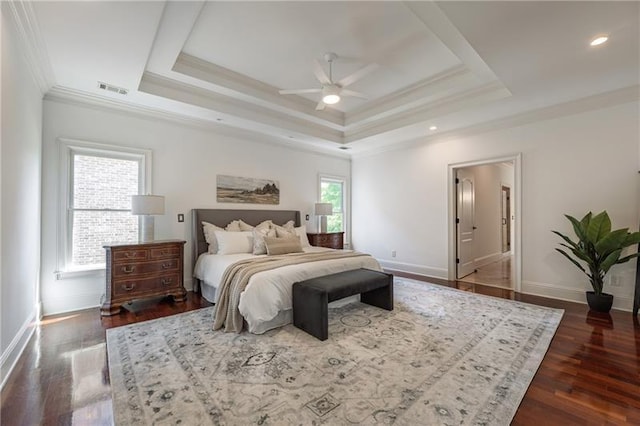 3680 Milton Park Dr, Alpharetta, GA 30022 - bedroom featuring a tray ceiling, ornamental molding, dark wood finished floors, baseboards, and a ceiling fan