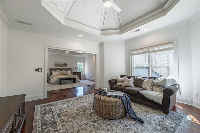 3680 Milton Park Dr, Alpharetta, GA 30022 - living room featuring crown molding, a ceiling fan, dark wood-type flooring, baseboards, and recessed lighting