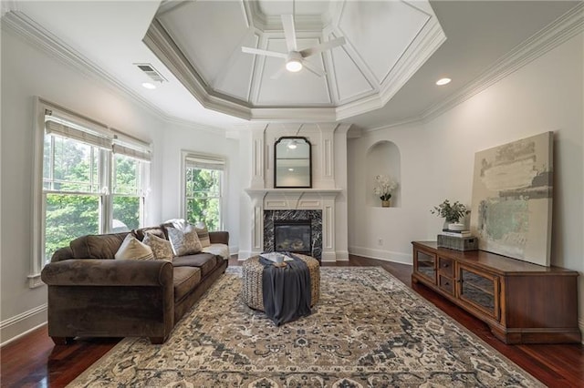 3680 Milton Park Dr, Alpharetta, GA 30022 - living room with crown molding, dark wood-style floors, baseboards, a fireplace, and coffered ceiling