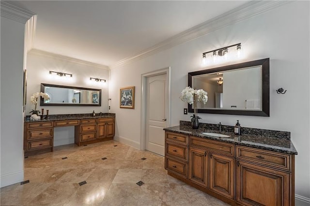 3680 Milton Park Dr, Alpharetta, GA 30022 - bathroom with ornamental molding, two vanities, and baseboards