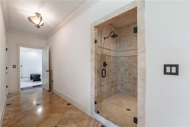 3680 Milton Park Dr, Alpharetta, GA 30022 - bathroom with a shower stall, ornamental molding, and baseboards