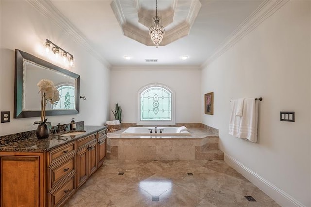 3680 Milton Park Dr, Alpharetta, GA 30022 - bathroom with a garden tub, vanity, ornamental molding, and baseboards