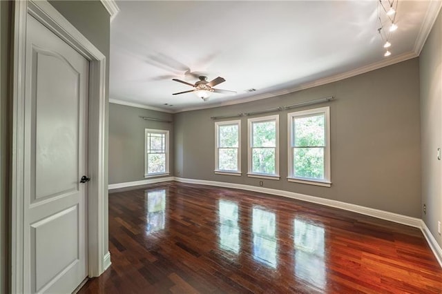 3680 Milton Park Dr, Alpharetta, GA 30022 - spare room featuring baseboards, dark wood finished floors, ceiling fan, and ornamental molding