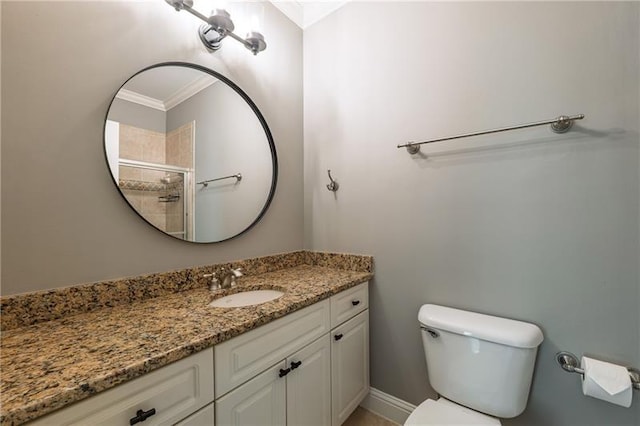3680 Milton Park Dr, Alpharetta, GA 30022 - full bathroom featuring ornamental molding, toilet, vanity, and a tile shower