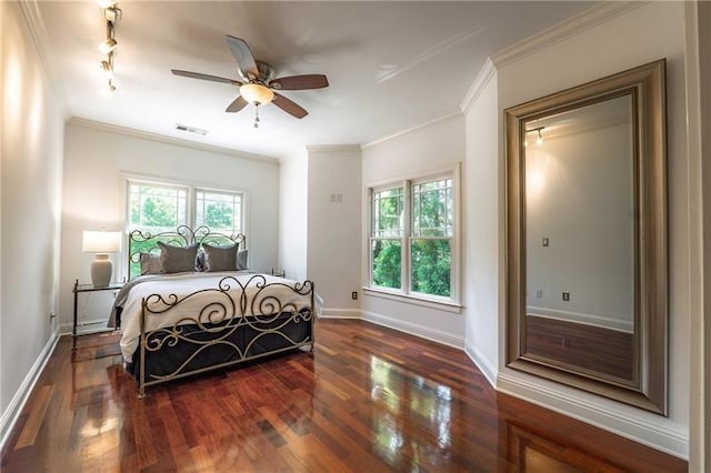 3680 Milton Park Dr, Alpharetta, GA 30022 - bedroom with dark wood-style flooring, multiple windows, crown molding, baseboards, and a ceiling fan