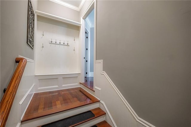 3680 Milton Park Dr, Alpharetta, GA 30022 - stairway with crown molding, a decorative wall, and a wainscoted wall
