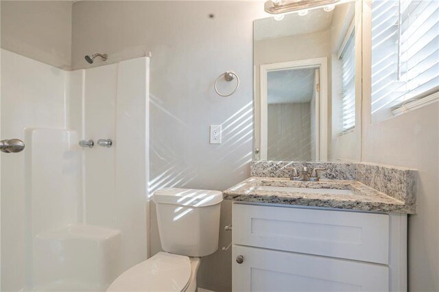 bathroom featuring vanity, toilet, and walk in shower