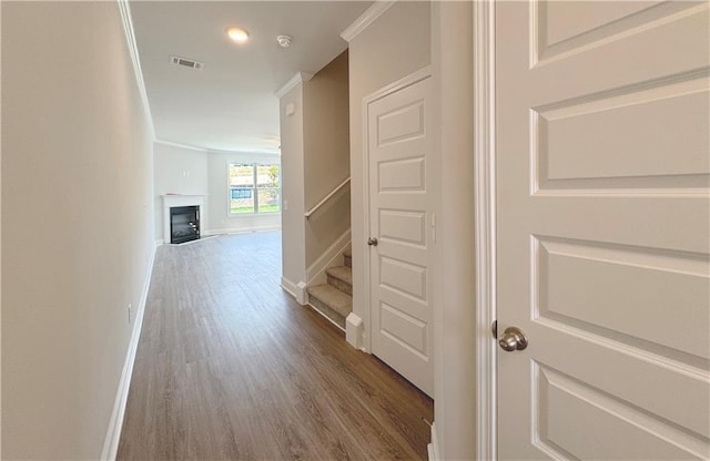 3817 Billabong Trl Unit 104, Gainesville, GA 30506 - hallway with dark wood-style flooring, baseboards, recessed lighting, stairs, and visible vents