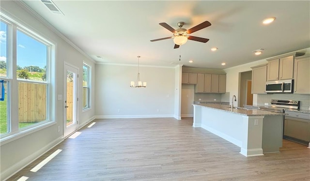3817 Billabong Trl Unit 104, Gainesville, GA 30506 - kitchen featuring crown molding, ceiling fan with notable chandelier, light wood finished floors, and stainless steel appliances