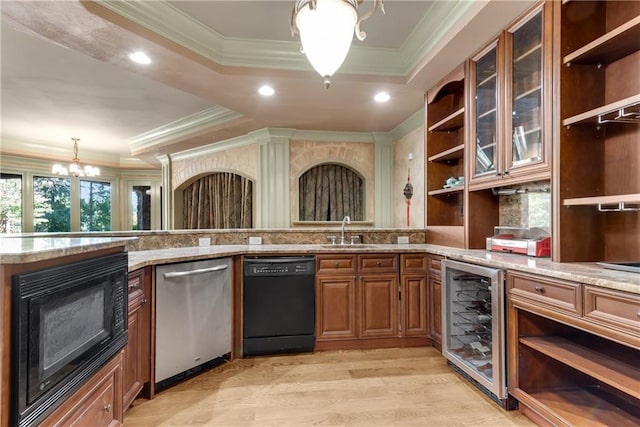 kitchen with black appliances, wine cooler, open shelves, and a sink