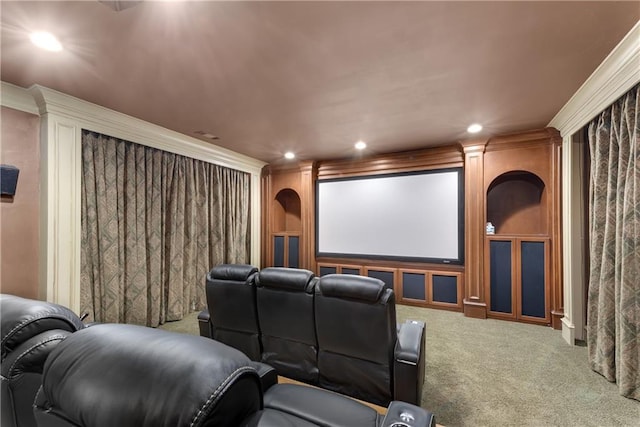 home theater room with carpet flooring and recessed lighting