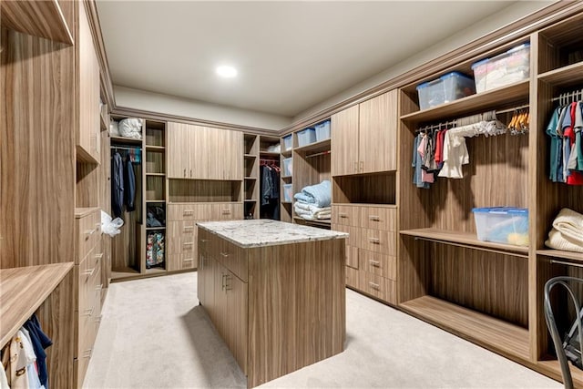 walk in closet with light colored carpet