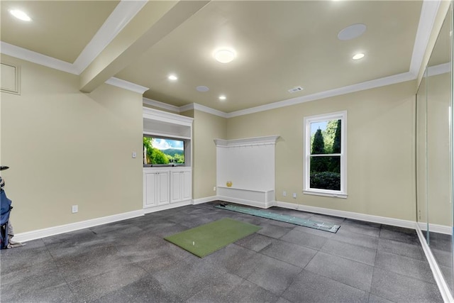 exercise room with recessed lighting, visible vents, crown molding, and baseboards