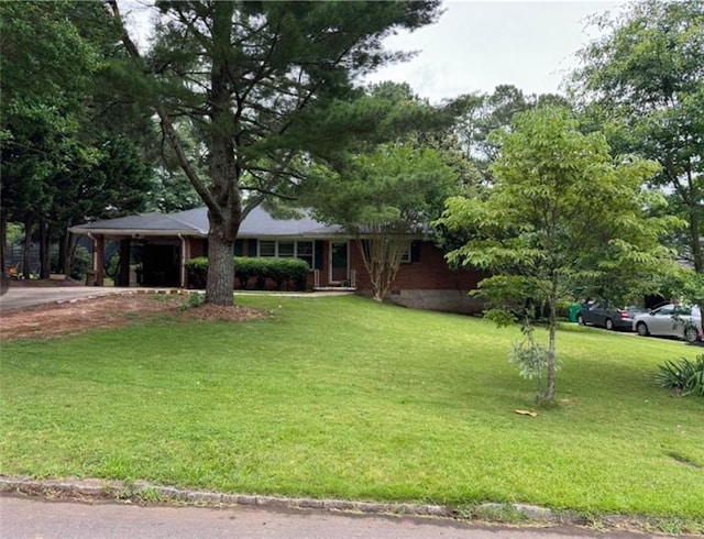 single story home featuring crawl space, a front lawn, and a carport