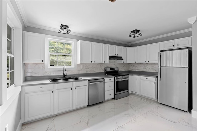 kitchen featuring appliances with stainless steel finishes, tasteful backsplash, ornamental molding, sink, and white cabinets