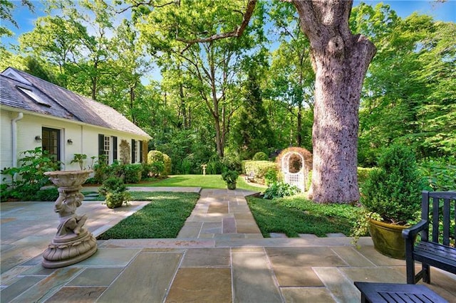 view of grassy yard featuring a patio