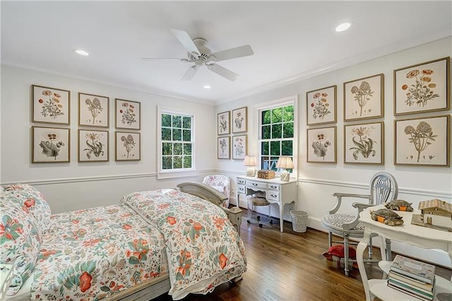 bedroom with multiple windows, ornamental molding, wood finished floors, recessed lighting, and ceiling fan