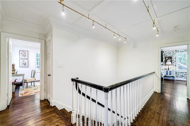 hallway featuring rail lighting, attic access, an upstairs landing, dark wood-style flooring, and crown molding
