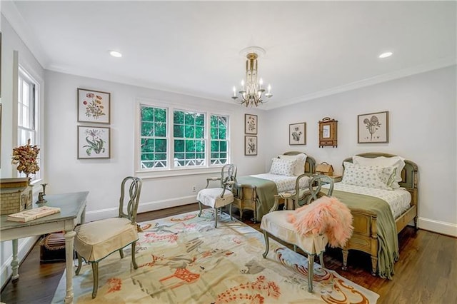 bedroom with a chandelier, multiple windows, wood finished floors, recessed lighting, and ornamental molding