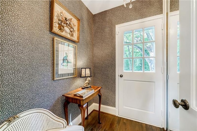 entryway with dark wood finished floors and baseboards