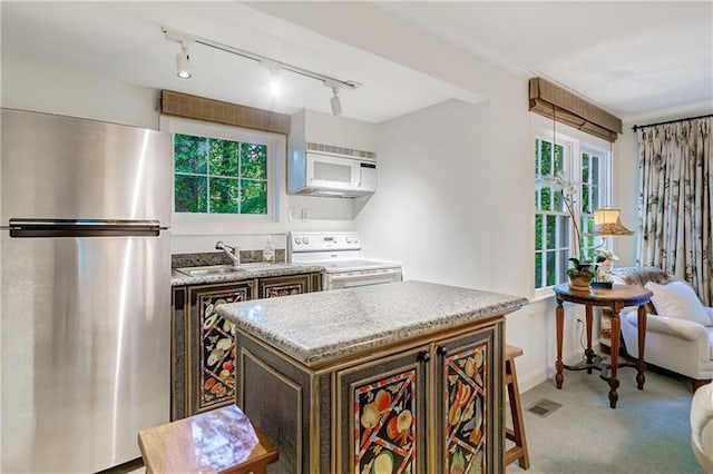 kitchen with freestanding refrigerator, electric range, white microwave, rail lighting, and light colored carpet