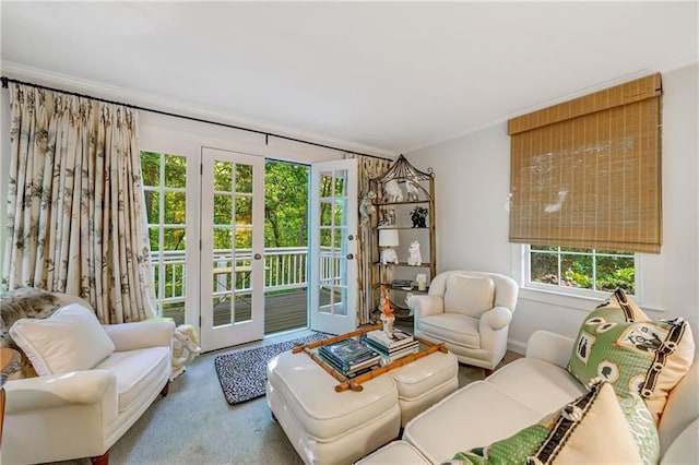 carpeted living room featuring french doors