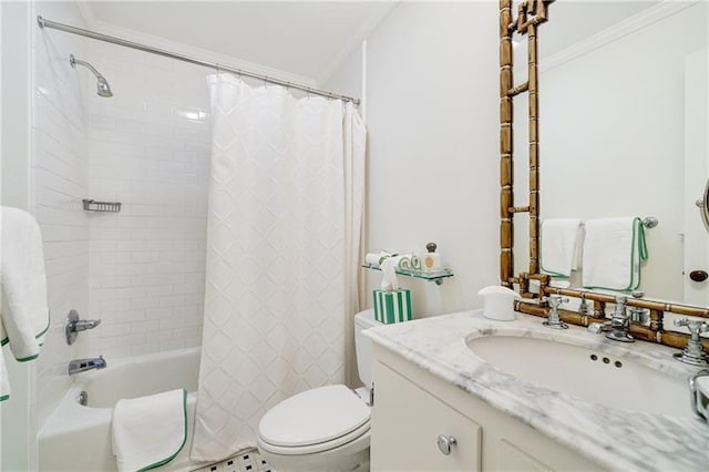 bathroom with toilet, crown molding, vanity, and shower / bath combo with shower curtain