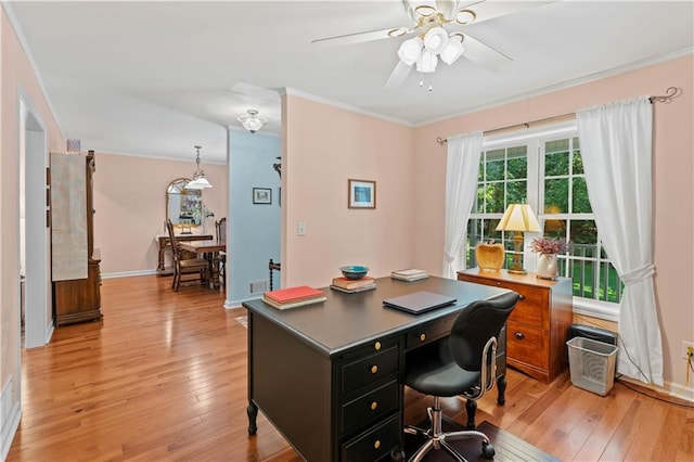 5584 Northwoods Rd, Clermont, GA 30527 - office space featuring ornamental molding, light wood-style flooring, a ceiling fan, and baseboards