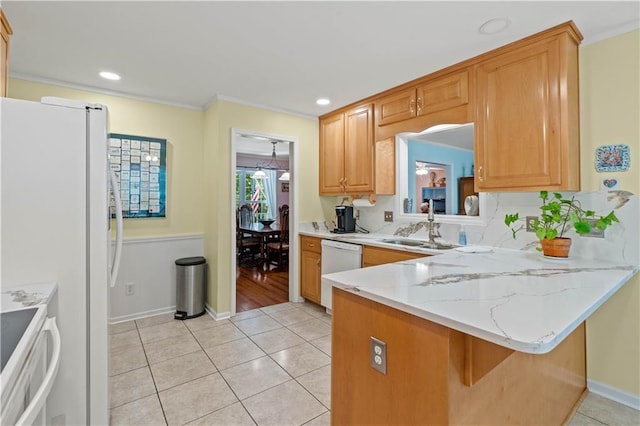 5584 Northwoods Rd, Clermont, GA 30527 - kitchen featuring white dishwasher, a peninsula, a sink, light tile patterned flooring, and crown molding