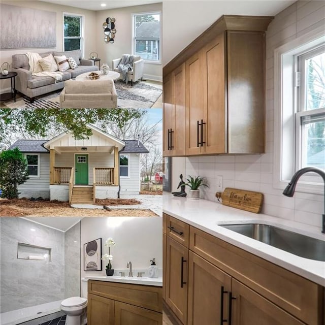 kitchen featuring a healthy amount of sunlight, brown cabinetry, and a sink