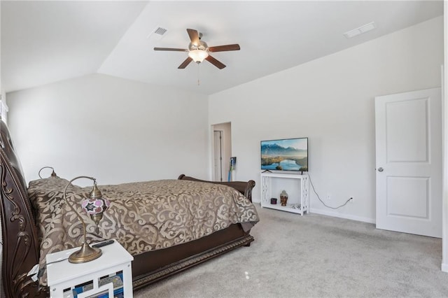 carpeted bedroom featuring visible vents, ceiling fan, and vaulted ceiling