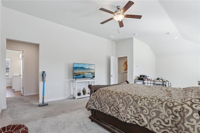 bedroom featuring carpet, visible vents, baseboards, lofted ceiling, and ceiling fan