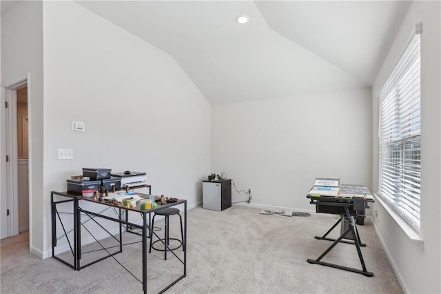office area featuring recessed lighting, baseboards, carpet, and lofted ceiling