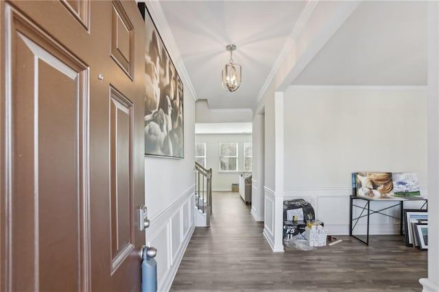 entrance foyer with a wainscoted wall, ornamental molding, dark wood finished floors, a decorative wall, and a chandelier