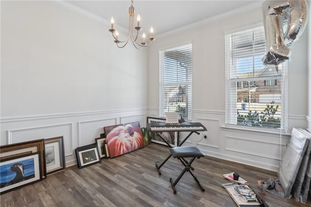 interior space with an inviting chandelier, a wealth of natural light, and dark hardwood / wood-style flooring